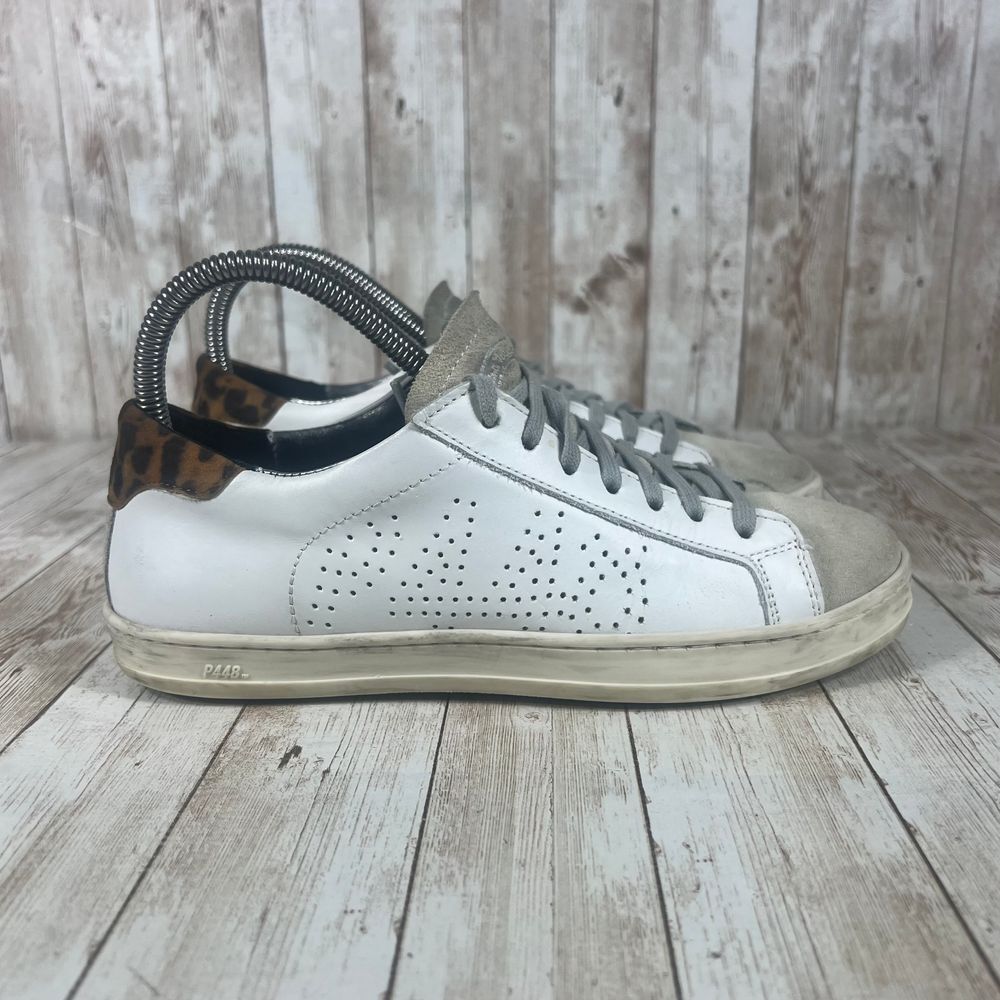 P448 John White Leather Sneakers Leopard Print Detail Designer Fashion Shoes